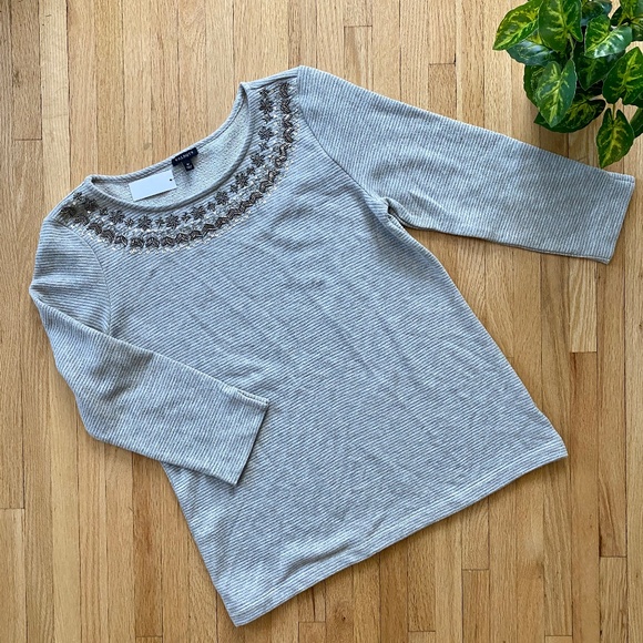 NWT Talbots Embellished Crewneck Fair Isle Gray Pinstripe 3/4 Sleeve Top Size M - Picture 2 of 8
